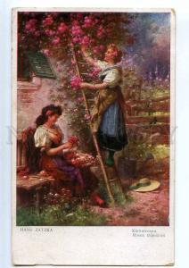 240621 Climbing ROSES Woman Garden by ZATZKA Vintage postcard