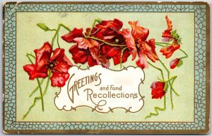 1912 Greetings and Fond Recollections Red Flowers Greetings Posted Postcard