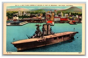 Vintage 1940's Military Postcard US Navy Plane Carrier at Anchor San Diego CA