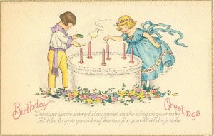 Birthday Postcard, Boy and Girl Lighting Candles on Giant Cake