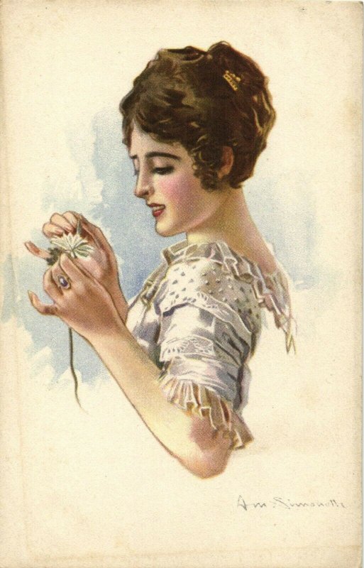 PC CPA SIMONETTI ARTIST SIGNED LADY WITH WHITE FLOWER Vintage Postcard (b26611)
