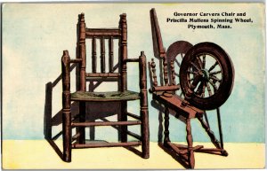 Governor Carvers Chair, Priscilla Mullens Spinning Wheel Plymouth Postcard W08