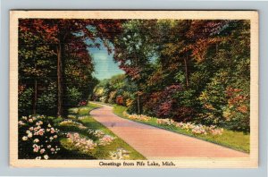 Fife Lake MI-Michigan Greetings Scenic Flower Lined Roadway Linen c1944 Postcard
