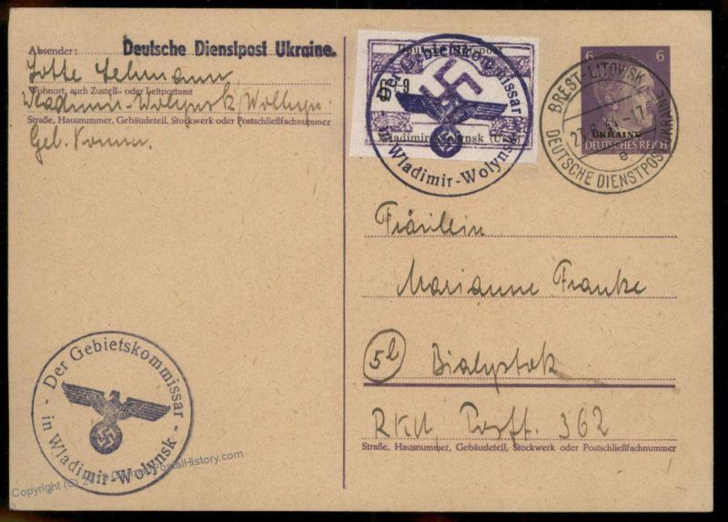 German 1944 WWII Ukraine Wladomir Wolynsk IMPERF Hilfspost Stamp Cover 86717