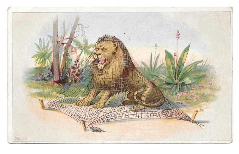 Victorian Trade Card Huntington Pianos Lion and the Mouse 