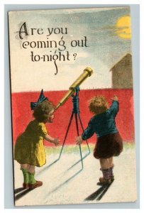 Vintage 1913 Comic Postcard Cute Children Looking at the Moon in Telescope