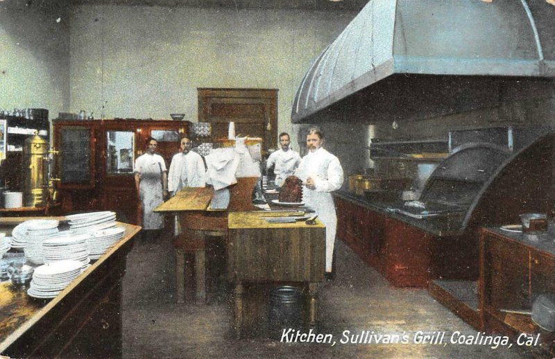 SULLIVAN'S GRILL Kitchen Interior Coalinga, CA Chefs, Cooks Postcard ca 1910s