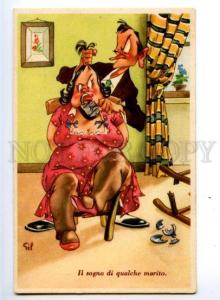 3149496 COMIC PIN-UP Fat Wife Husband closing Mouth vintage PC