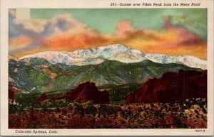 Sunset over Pikes Peak from the Mesa Road Colorado Springs CO Postcard PC500