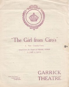 The Girl From Ciros Greatest Wish French Playright 2x Garrick Theatre Program...