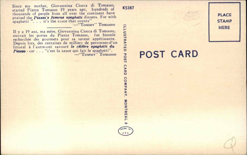 Montreal PIAZZA TOMASSO Restaurant Roadside Linen Postcard