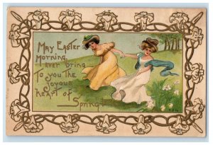 1909 Easter Two Girls Running In Field Lily Flowers Sylvan Beach NY Postcard 