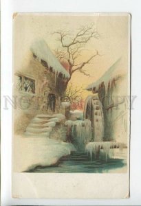 3177251 WINTER Water Mill in Ice Vintage Colroful LITHO PC