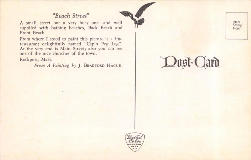 ROCKPORT MASSACHUSETTS~BEACH STREET~PAINTING BY J BRADFORD HAGUE POSTCARD 1960s