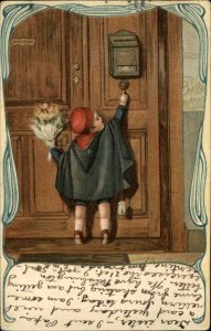 Little Boy Tries to Reach Doorbell c1910 Postcard - NICE ART