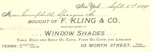 1898 F. KLING & CO WINDOW SHADES 113 WORTH ST NEW YORK BILLHEAD INVOICE Z4059