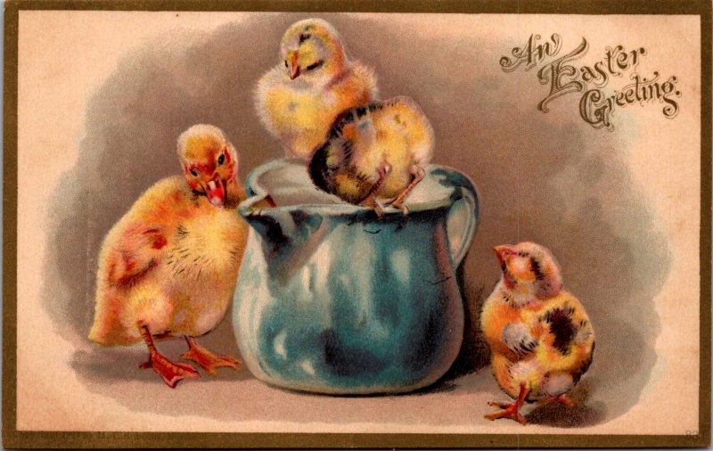 Easter baby chicks with pitcher delicately softly rendered c1908 vtg postcard