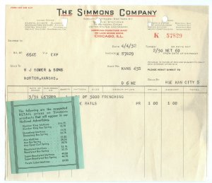 The Simmons Co. Chicago ILL. Illinois Vintage 4/4/32 Invoice