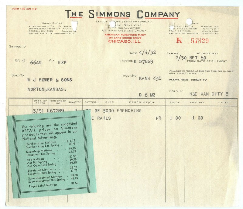 The Simmons Co. Chicago ILL. Illinois Vintage 4/4/32 Invoice 