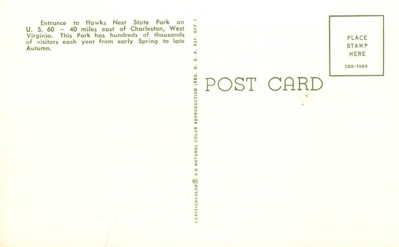 Vintage Postcard Entrance To Hawk's Nest State Park Charleston West Virginia