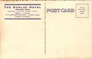 Linen Postcard The Dunlap Hotel and Map in Jacksonville, Illinois