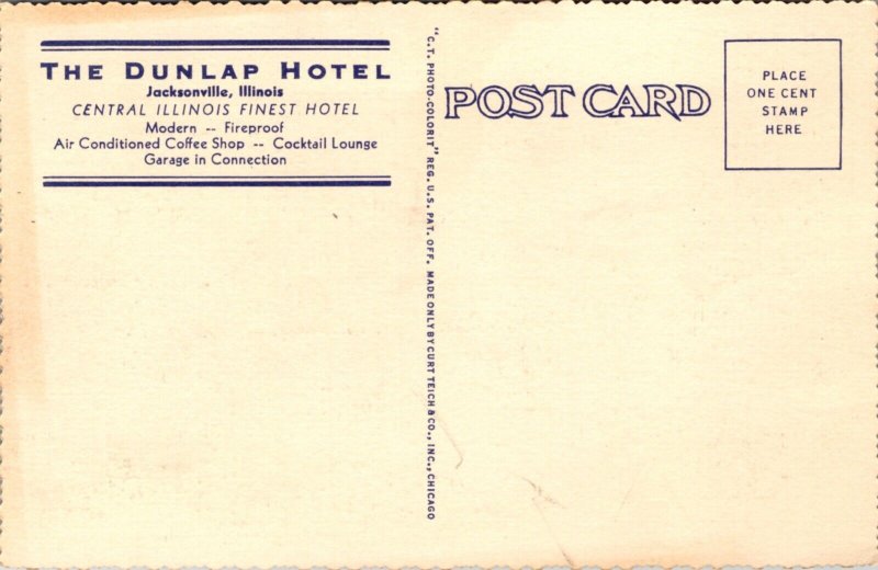 Linen Postcard The Dunlap Hotel and Map in Jacksonville, Illinois