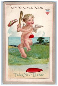 1912 Valentine Angel Baseball Bat Take Your Base Fortress Monroe VA Postcard 