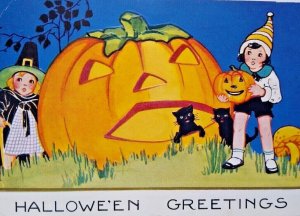 Halloween Postcard Giant JOL Pumpkin Black Cats Children Mushroom 1926 Blue BG