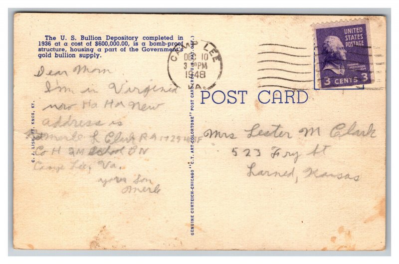 U. S. Gold Depository Fort Knox Kentucky c1948 Postcard