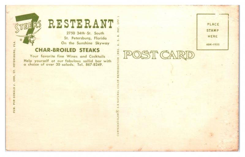 1960s 7 Steers Resterant Restaurant, St. Petersburg, FL Postcard