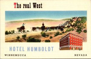 Linen Postcard Hotel Humboldt and Cowboys Herding Cattle in Winnemucca, Nevada