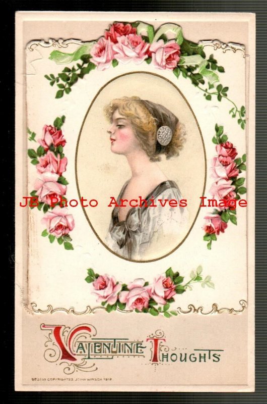 Valentine Day, Winsch 1912, Booklet, Schmucker, Pretty Woman in Roses Frame