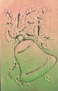 Vintage Postcard 1900's A Merry Christmas Glittered Holly & Bell Greetings