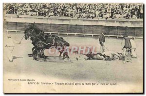 Postcard Old Bulls Bullfight Bull Racing spirit after his death by train mules