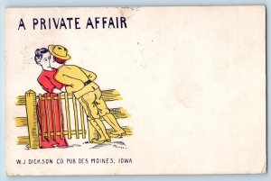 WJ Dickson Signed Postcard A Private Affair Kissing Romance Des Moines Iowa 1908