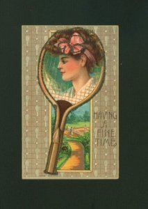 Having A Fine Time Tennis Racquet Glitter Postcard