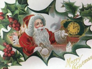 Santa Claus Holding Clock Christmas Postcard Holly Embossed