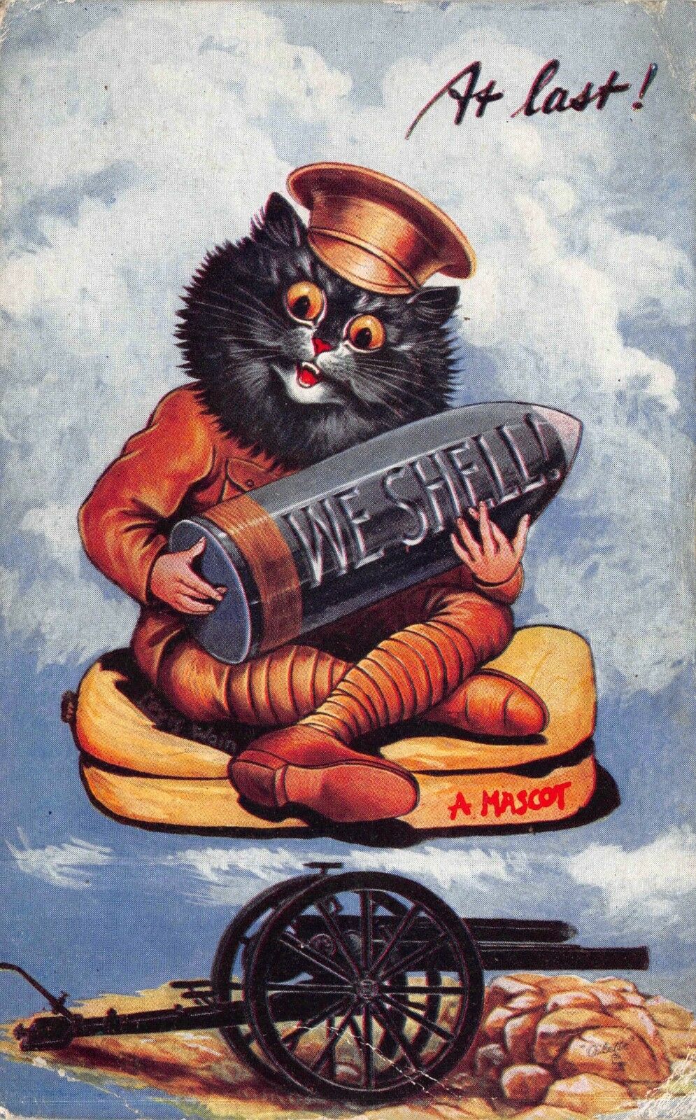 Louis Wain Artwork Postcard Dressed Military Soldier Cat With Shell