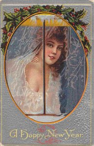 Beautiful Lady at Window Small Hand Shoulder Happy New Year 1910 postcard