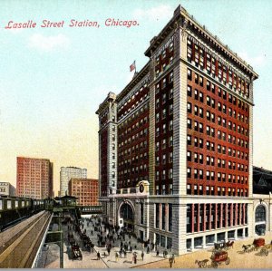 Lasalle Street Railroad Station Chicago Antique Postcard Busy Street View 1910s