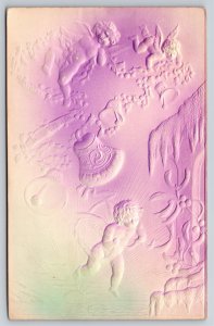 Christmas~Cherubs Fly w/Bells At Sunrise~Lavender-Green Airbrush~Emb~Vintage PC