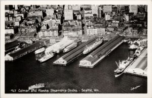 Seattle WA Colman & Alaska Steamship Docks Johnston Aerial RPPC Postcard G57