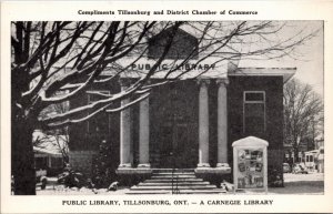 Postcard Ontario Tillsonburg Public Carnegie Library Winter Old Cars 1940s K73