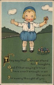 Margaret Evans Russell Little Boy with Pansies Flowers Vintage Postcard