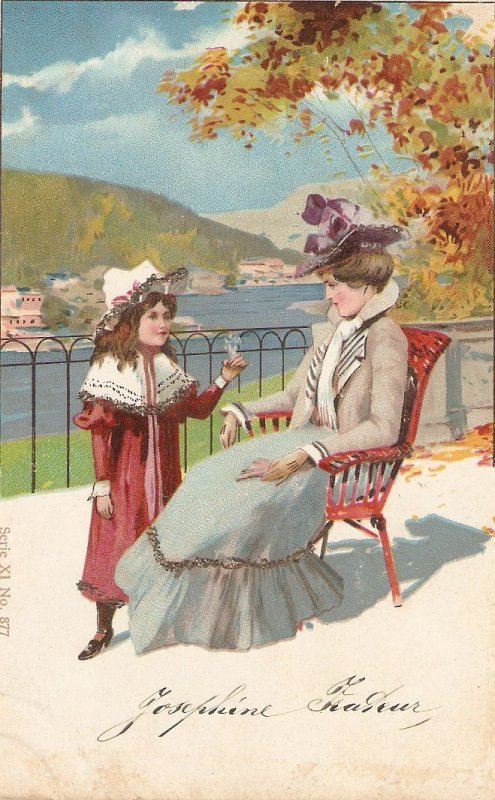 Elegant lady with her daughter Nice old vintage artist drawn postcard