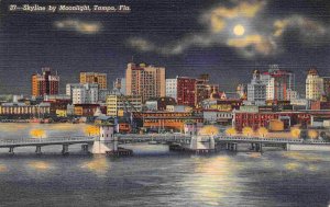Skyline By Moonlight Tampa Florida linen postcard