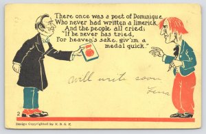 Poet Of Dominique~Two Men Standing Around~Hand Him A Medal~Yellow Bkgd~PM 1906