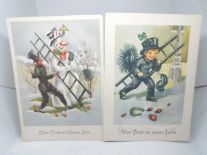 Pair of  Vintage German Chimney Sweeps & Snowman New Year Postcards VGC