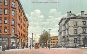 Harrisburg PA Third and Walnut Street Cigars Trolley Car Postcard