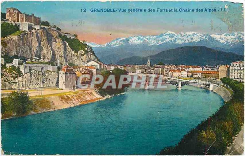 Old Postcard Grenoble General view Forts and the Chaine des Alpes